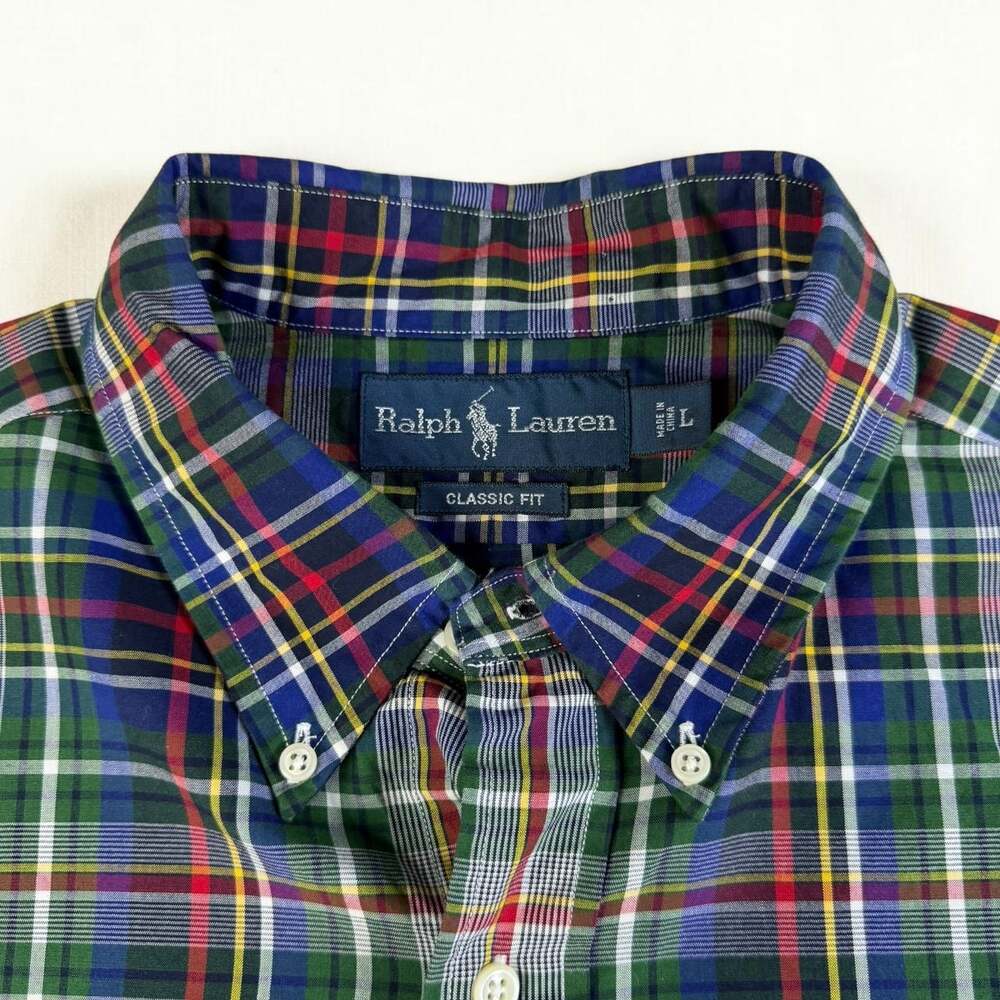 Ralph Lauren Classic Fit Men’s Large Plaid Tartan Button Down Shirt Green Blue